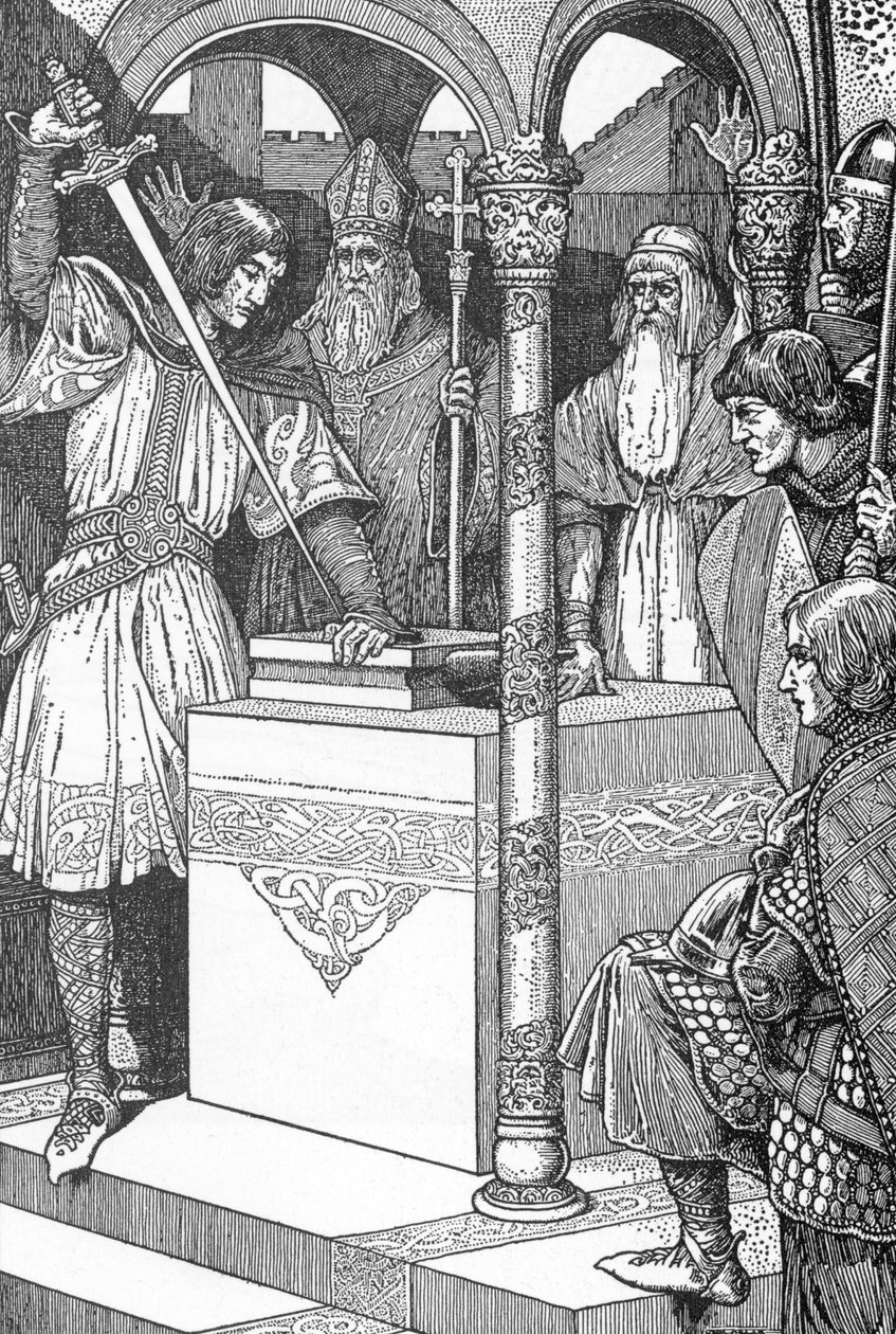 Arthur Drew Forth the Sword Excalibur from an Anvil, Illustration by Louis Rhead from 