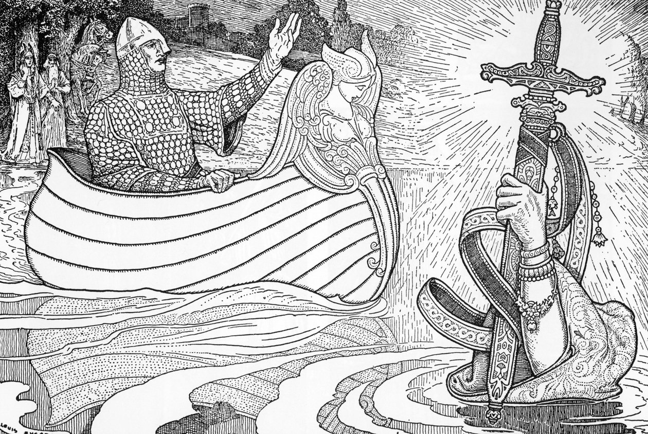 Lady of the Lake giving King Arthur the Sword Excalibur, Illustration by Louis Rhead by Louis John Rhead