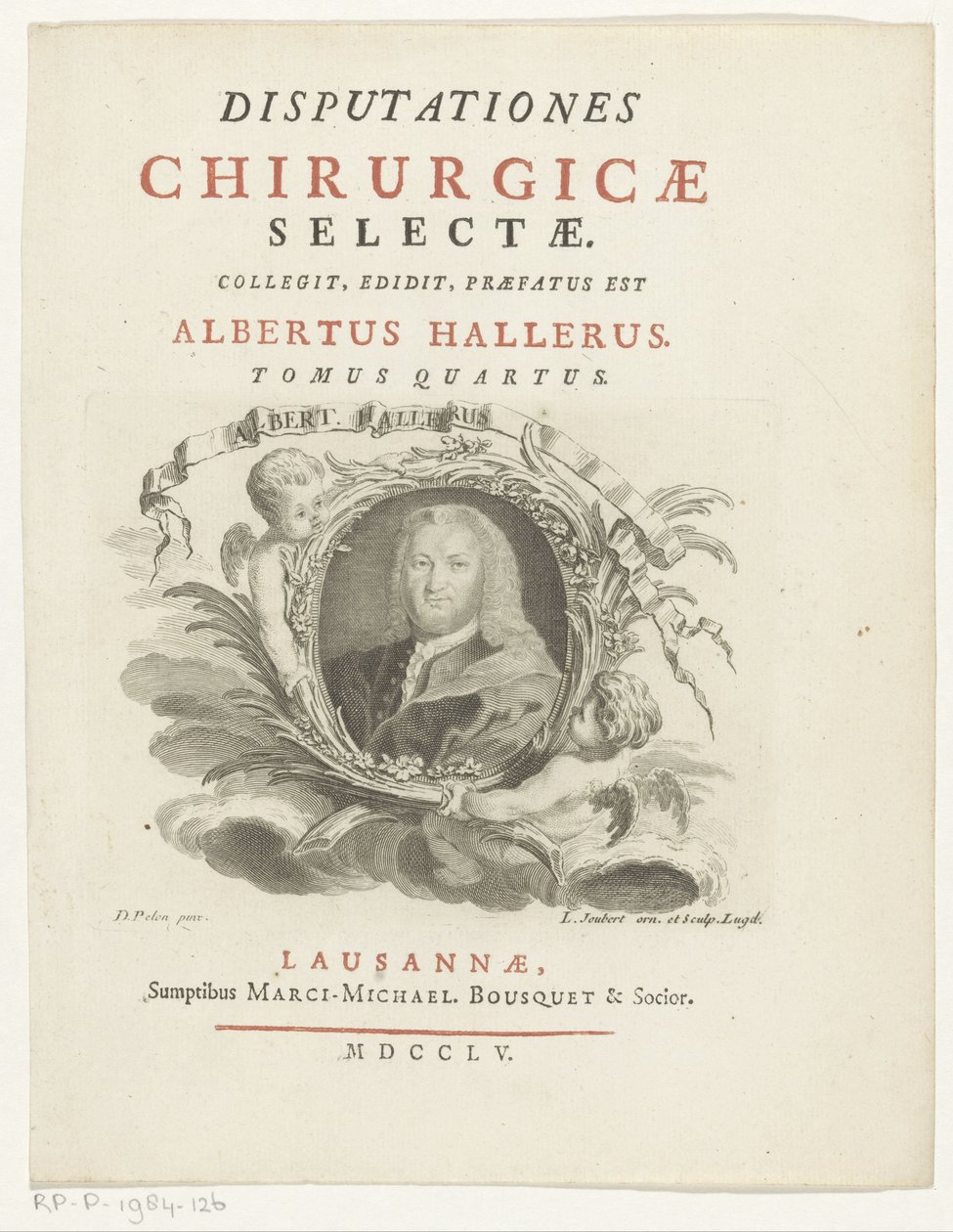 Portrait of Albrecht von Haller (Title Page for: Albrecht von Haller, Disputationes chirurgicae selectae, 1755) by Louis Joubert