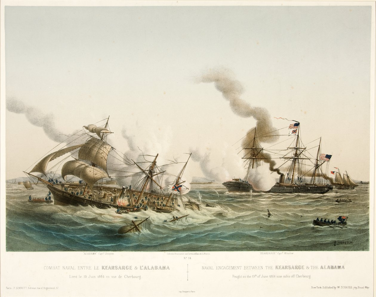 Naval Combat between the Kearsage & the Alabama, pub. 1864 by Louis Le Breton