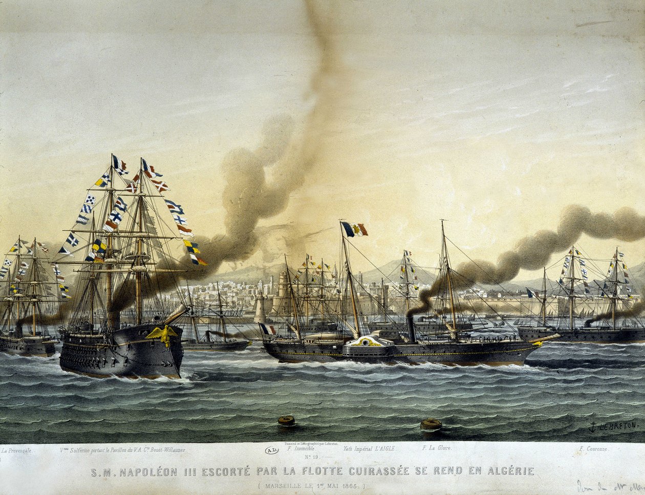 Napoleon III escorted by the battlesee fleet went to Algeria in September 1860, engraving of 1865. by Louis Le Breton
