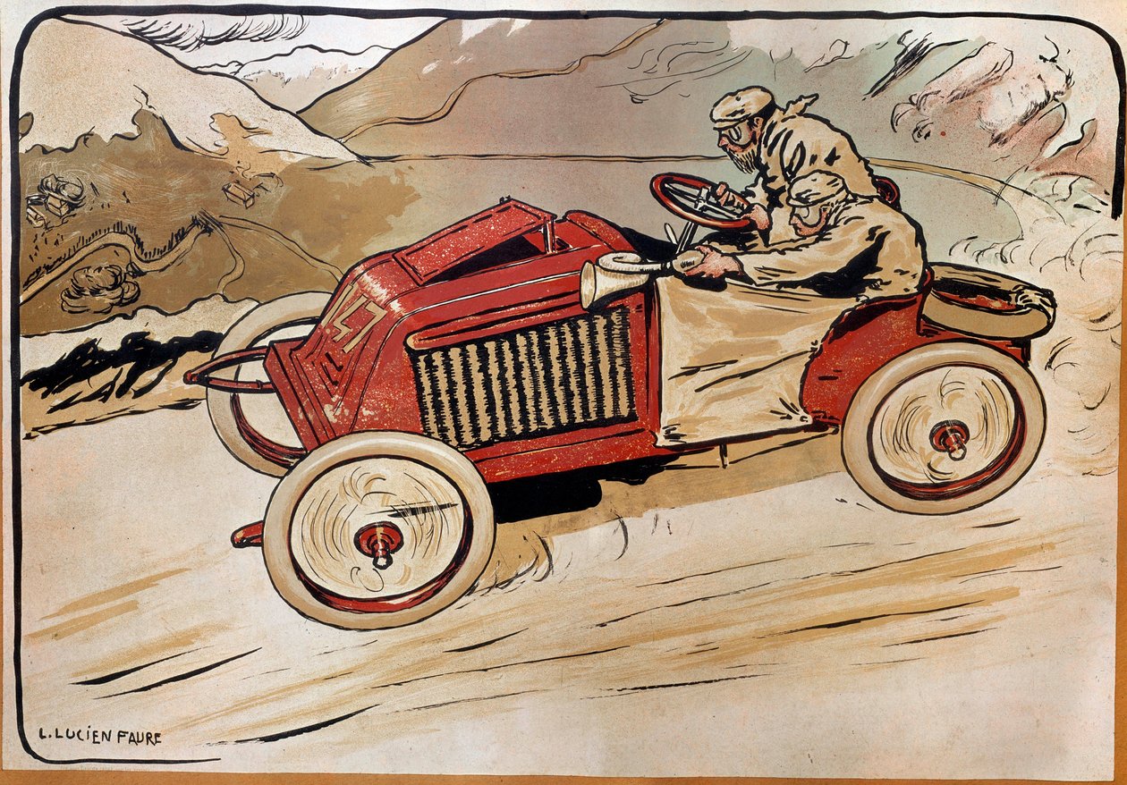 Automobile: a racing car. Marcel Renault and Rene Vauthier crossing the Alps during the race PARIS-VIENNA in 1902 in car 147. Lithograph by Louis Lucien Faure Dujarric by Louis Lucien Faure Dujarric