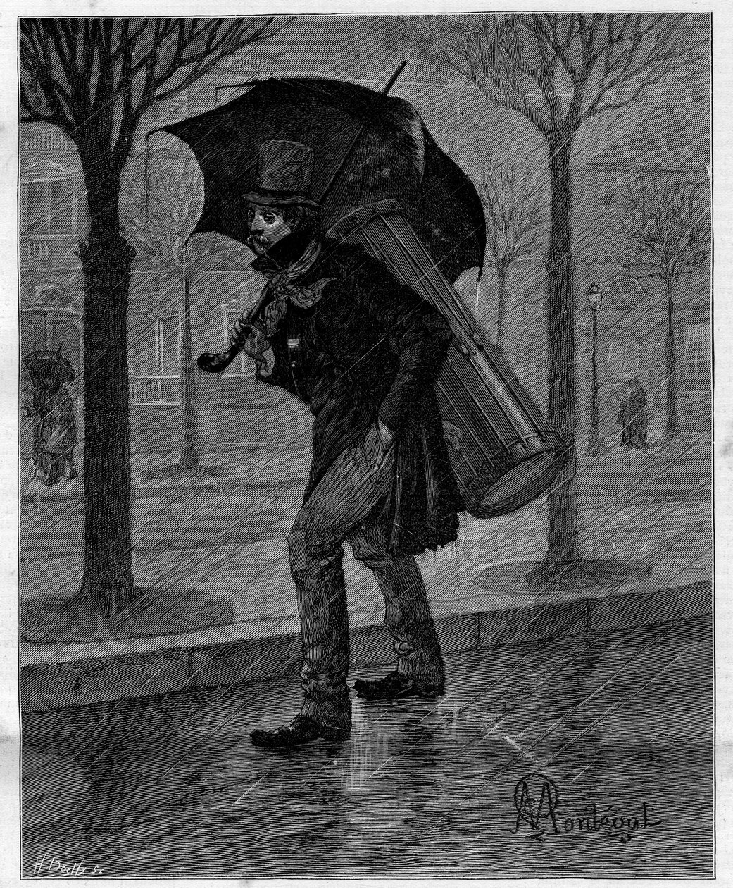 Poor harvest! Poor wet cicada! ... Drum player in misery walking in the rain in the streets of Paris. In 