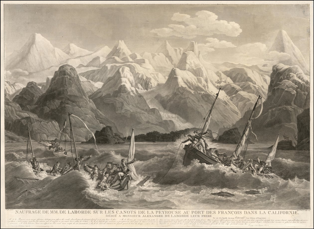 1786 engraving of a shipwreck of two small boats that were part of the La Perouse Expedition by Louis Philippe Crepin