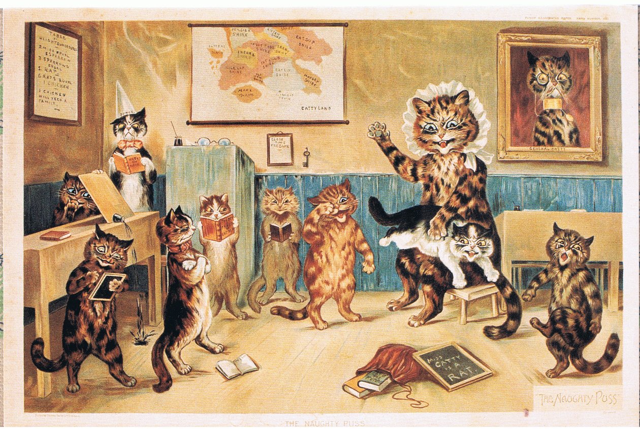 The Naughty Puss, Postcard, 1960s by Louis Wain