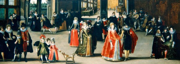 Elegant figures dancing in an interior by Louis de Caullery