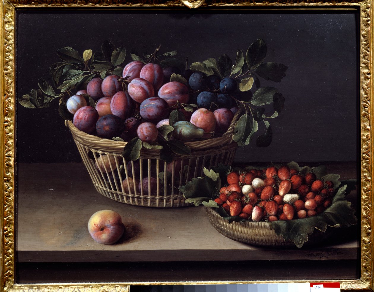 A Peach, Strawberries and a Basket of Fruit. Painting by Louise Moillon (1610-1696) by Louise Moillon