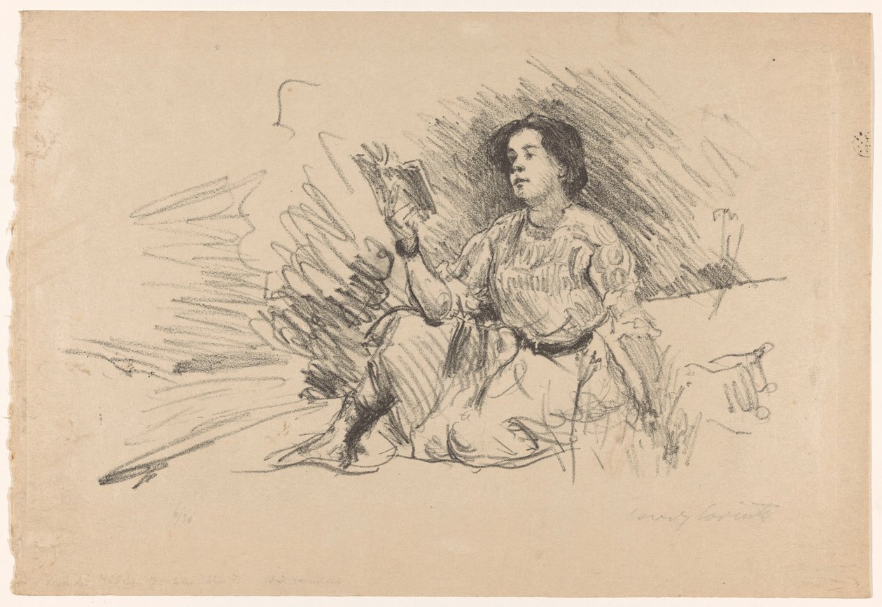Reading Girl Sitting on the Ground by Lovis Corinth (signed by artist)