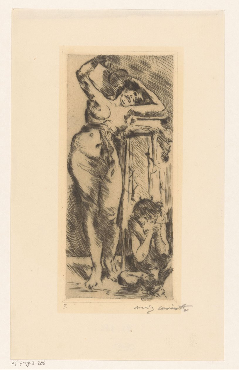 Female Nude with Fan in Hand and a Crouching Figure to Her Right by Lovis Corinth (signed by artist)