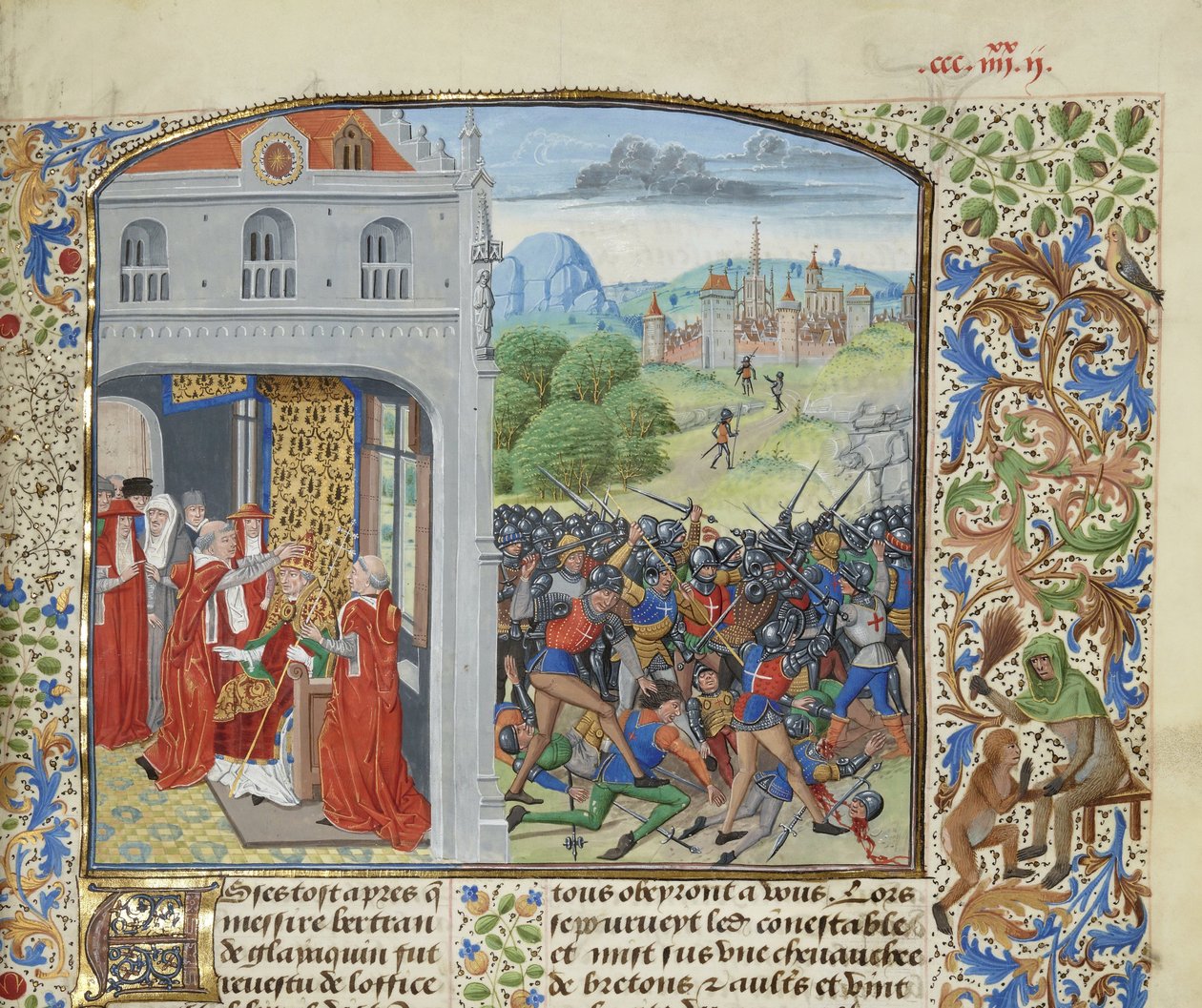 The Crowning of Pope Gregory XI and the Battle of Pontvallain by Loyset Liedet
