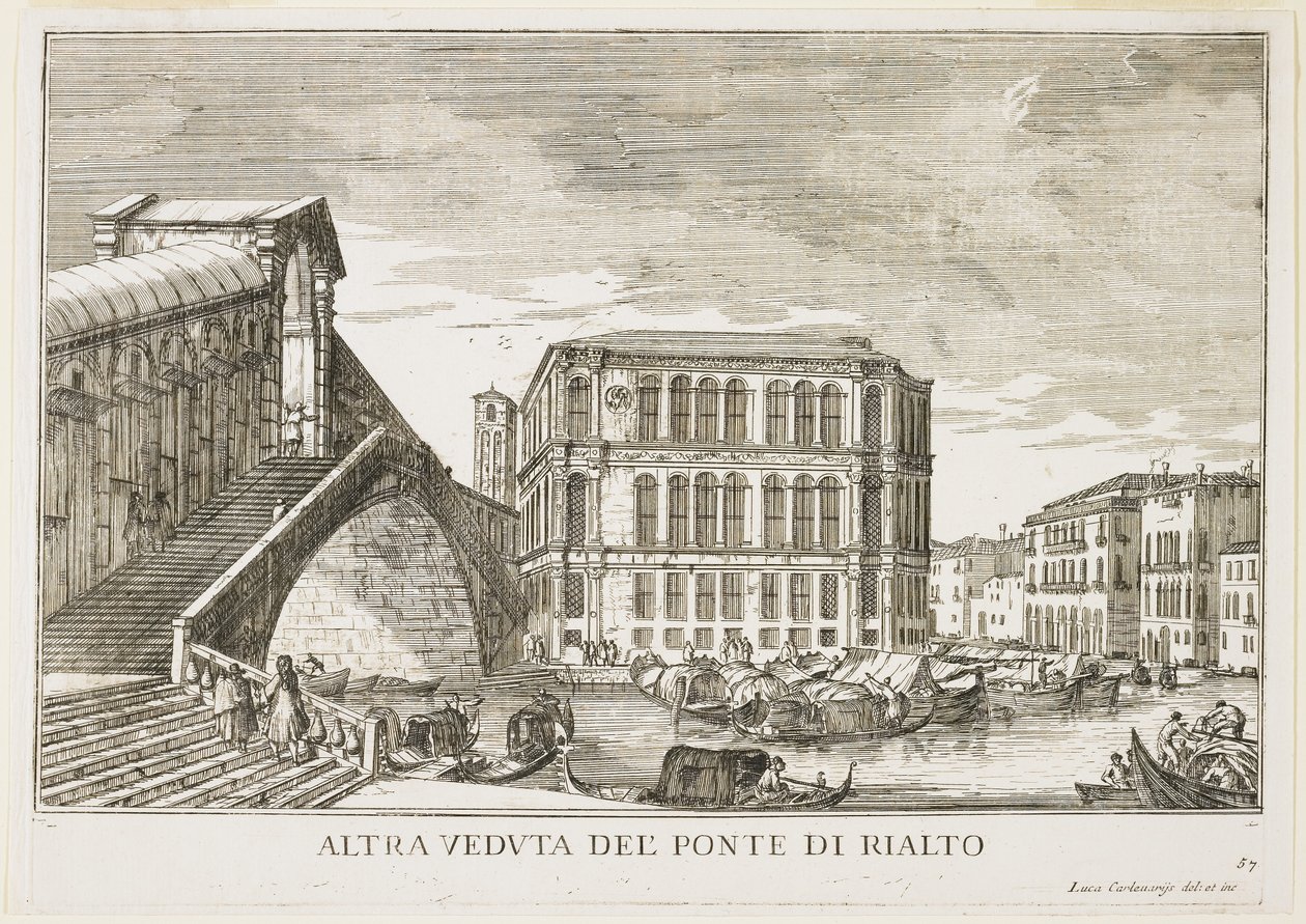 View of the Rialto Bridge, plate from The Buildings and Views of Venice, 1703 by Luca Carlevaris