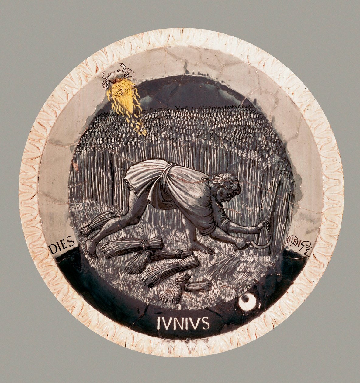 June: a peasant harvesting the wheat. Terracotta by Luca della Robbia by Luca Della Robbia