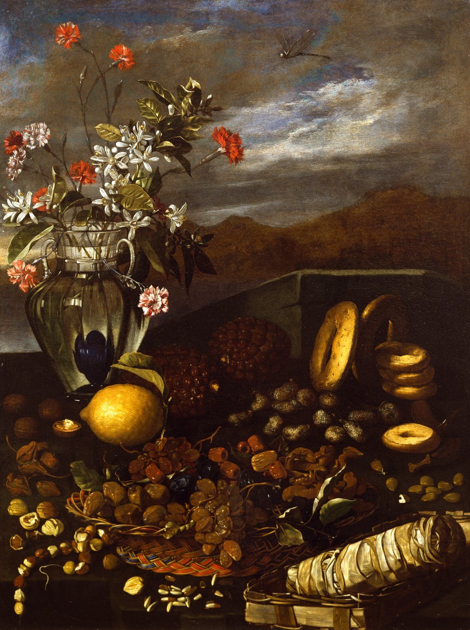 Still Life with Dried Fruit, Flowers and Landscape by Luca Forte