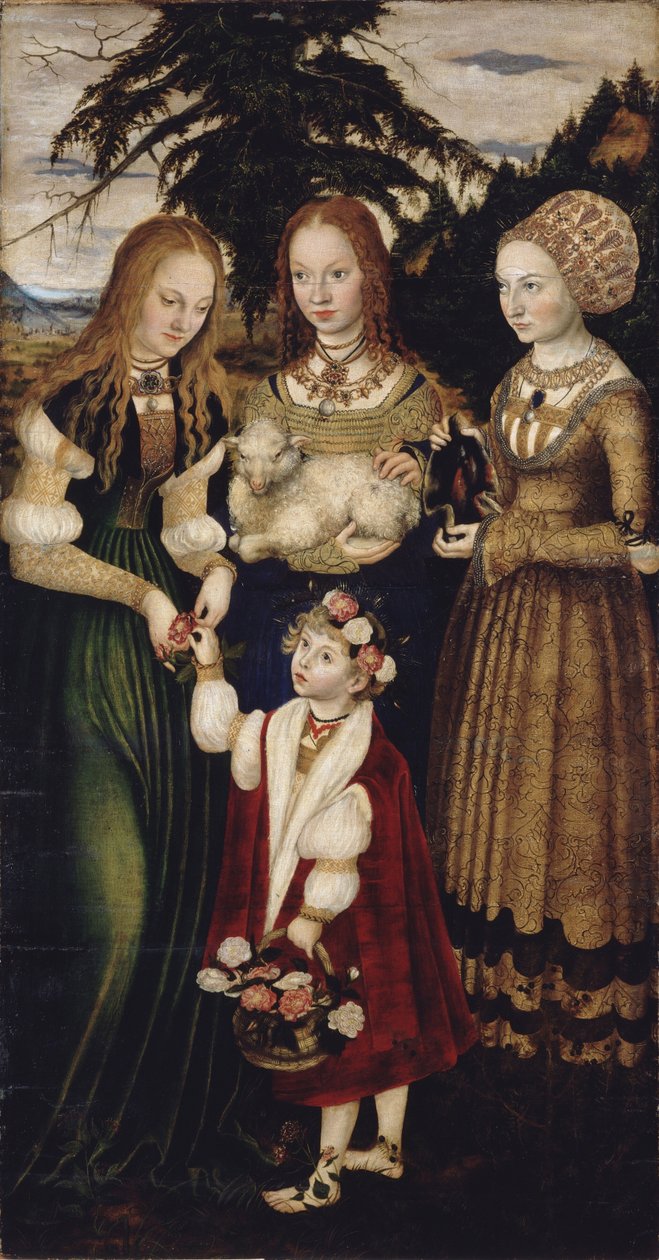 Altarpiece with the Martyrdom of Saint Catharine, Left Wing: The Saints Dorothea, Agnes and Cunigund by Lucas Cranach the Elder