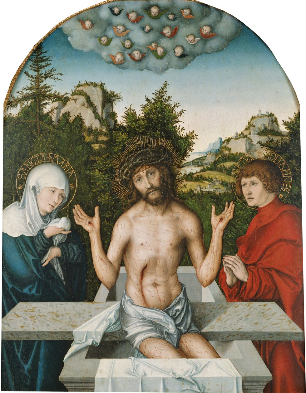 Christ as the Man of Sorrows, seated on a sarcophagus between the Virgin and St John by Lucas Cranach the Elder