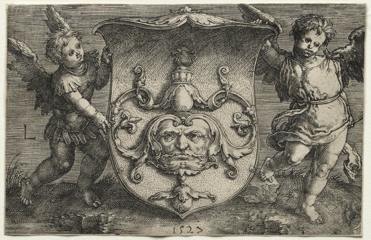A Shield Bearing a Mask Supported by Two Genii, 1527 by Lucas van Leyden