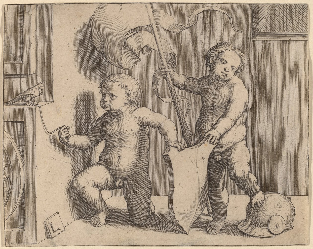 Two Naked Children Supporting a Blank Shield by Lucas van Leyden