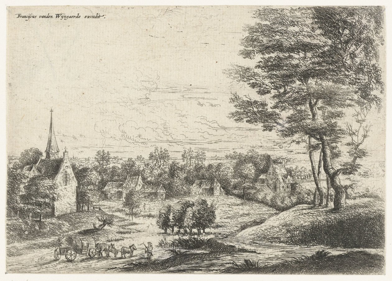 View of a Village with a Covered Wagon (Five Landscapes) by Lucas van Uden
