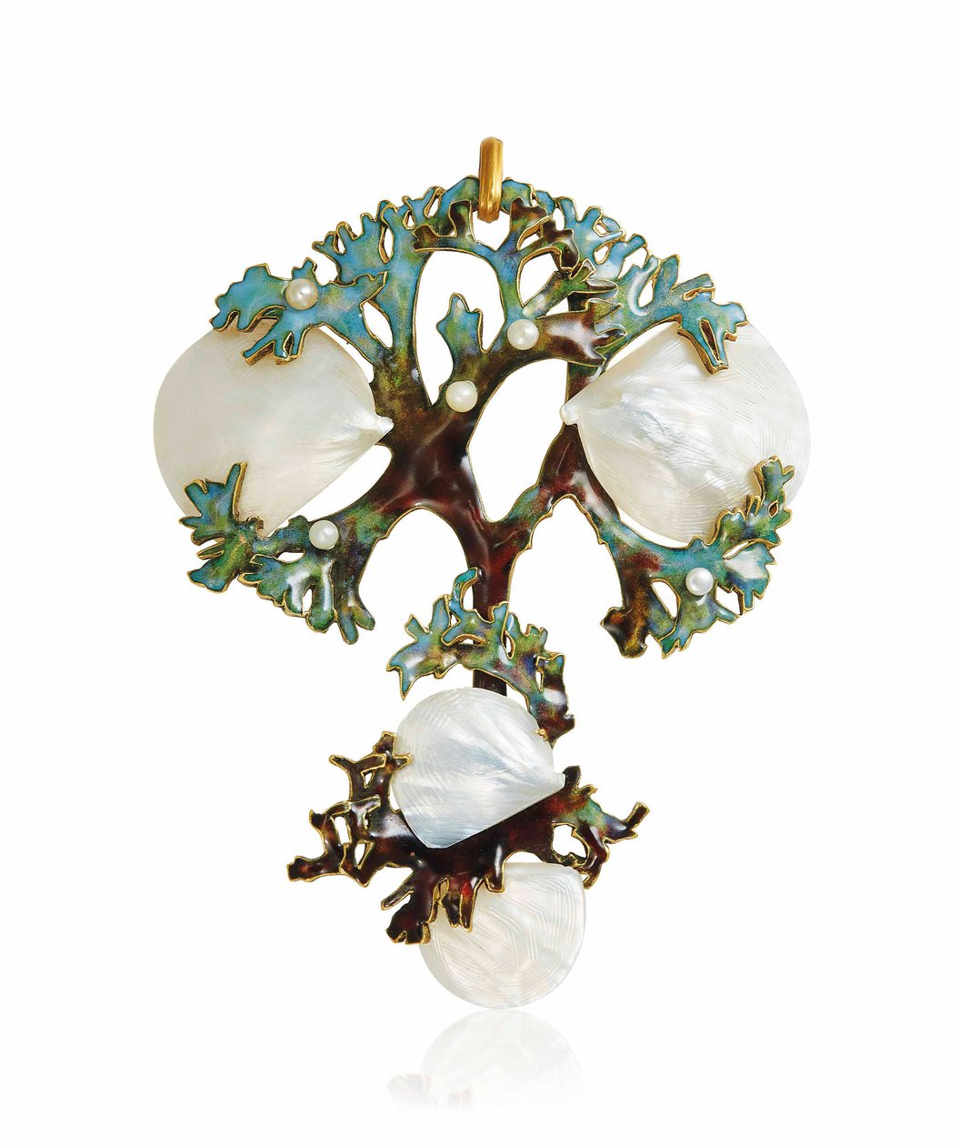 An Art Nouveau Mother-of-Pearl, Enamel and Seed Pearl Pendant by Lucien Gaillard