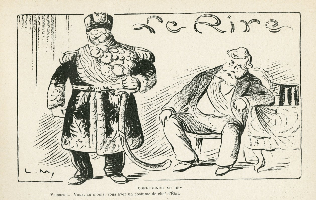 Illustration in Le Rire, 27/07/12 - Confidence to the Bey - Colonization - Fallieres Armand, Naceur Bey by Lucien Metivet
