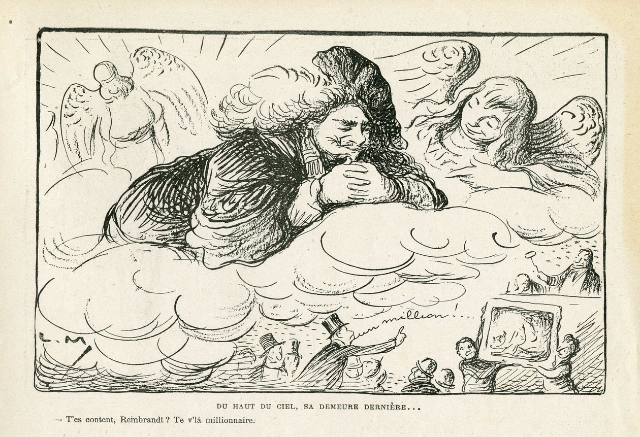 Illustration in Le Rire, 21/06/13 - From the Top of the Sky, His Final Resting Place (engraving) by Lucien Metivet