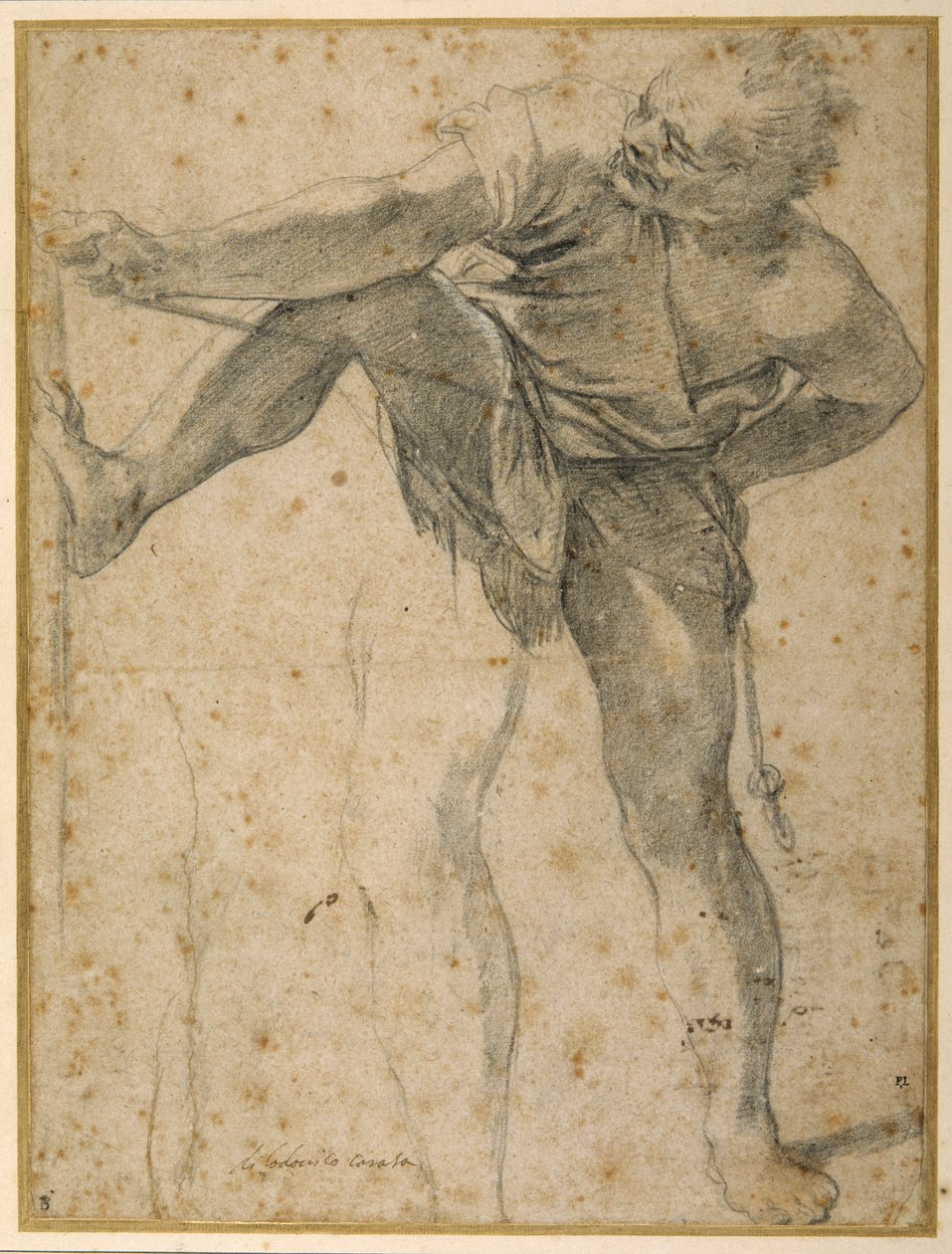 Man pulling on a rope, his left leg rehearsed a second time by Ludovico Carracci