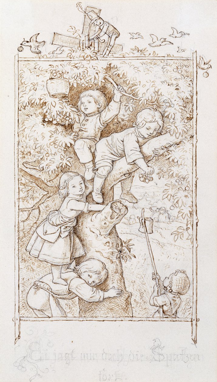 Plum Hunt with Sparrows; Ei Jagt Mir Doch die Spatzen Fort by Ludwig Adrian Richter