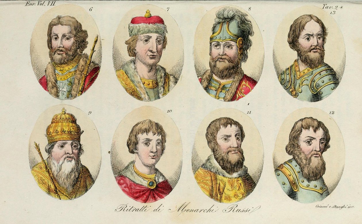 Yaroslav, Sviatoslav II, Sviatopolk, Vladimir Monomakh, Yuri I, Ivan II, Dmitry Donskoy, Ivan III, 1831 by Luigi Giarrè