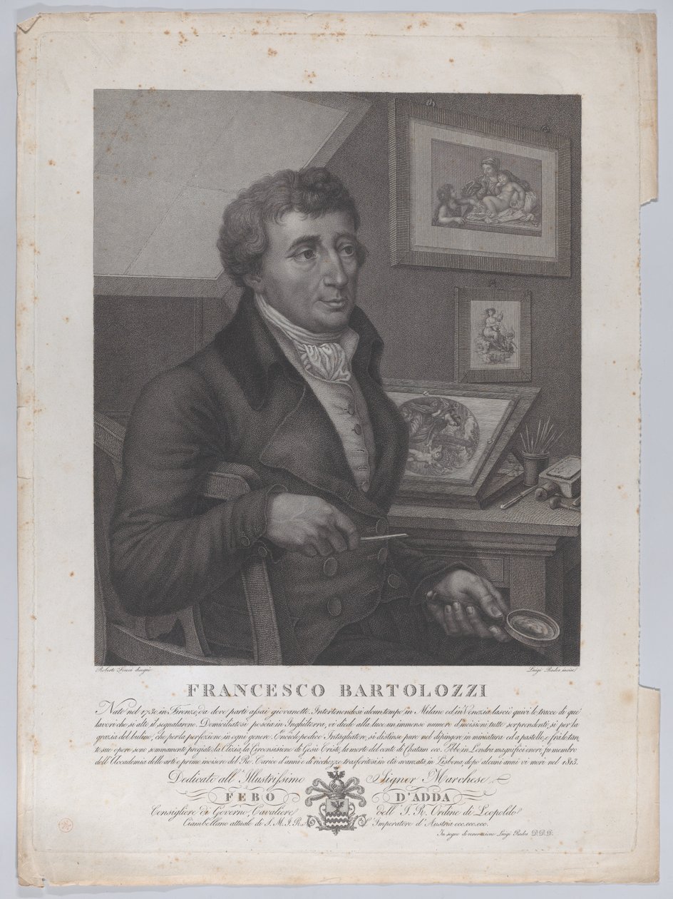 Portrait of Francesco Bartolozzi, seated, holding a magnifying glass with printmaking tool by Luigi Rados