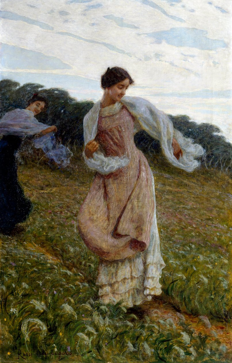 "Brise". Two women in a field play and have fun with their shawl flying in the wind. by Luigi Rossi