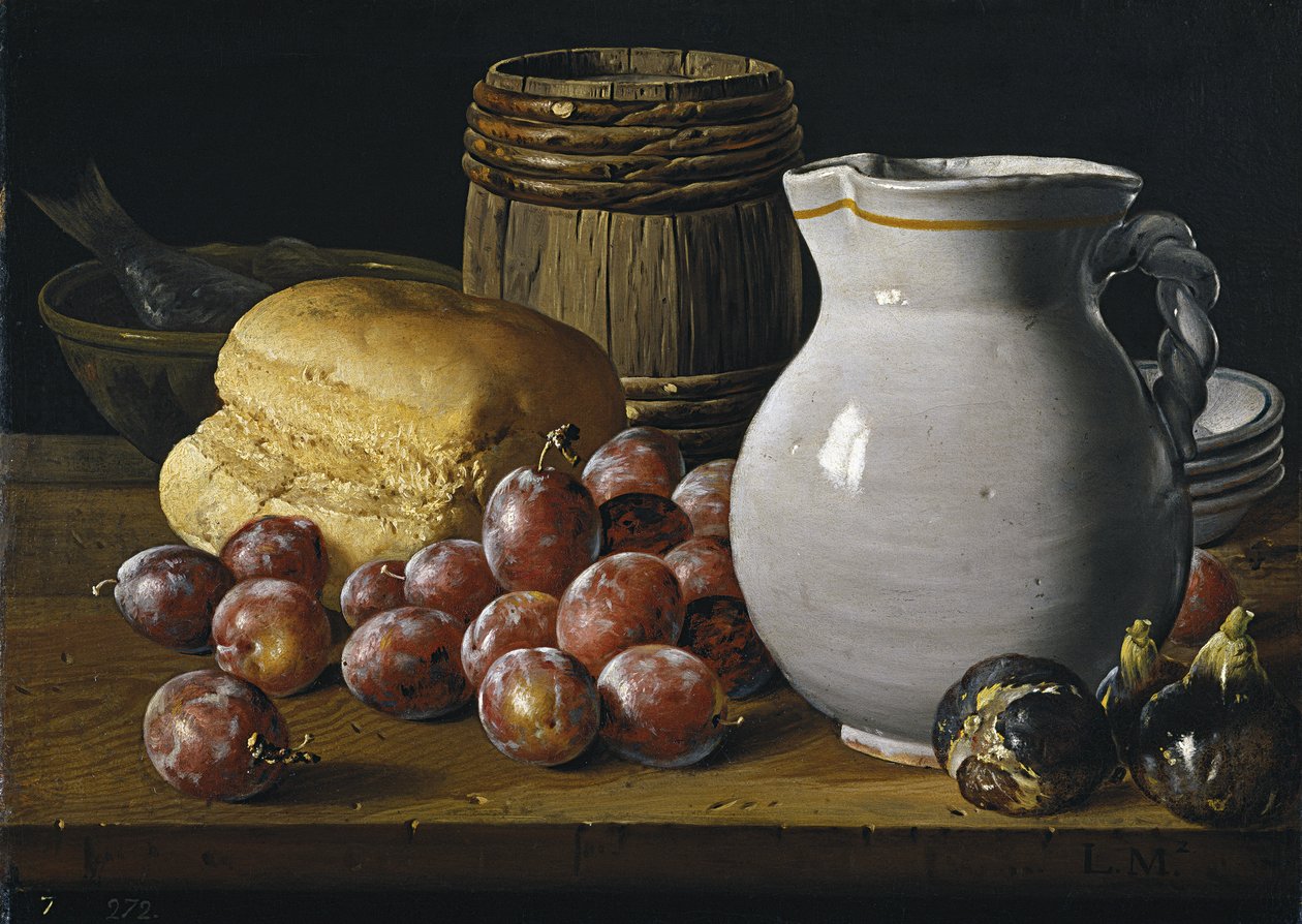 Still life with plums, figs, bread and jug, Second Half of the 18th century by Luis Egidio Melendez