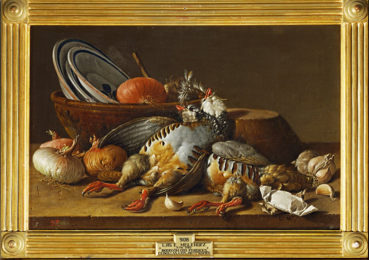Still-life with Two Partridges, Onions and Kitchenware by Luis Menendez or Melendez