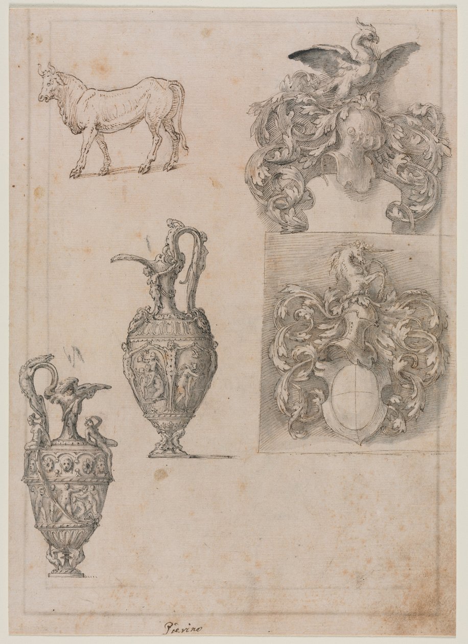 Design for Two Vases, Two Coats of Arms, and a Bull (recto), mid 1500s