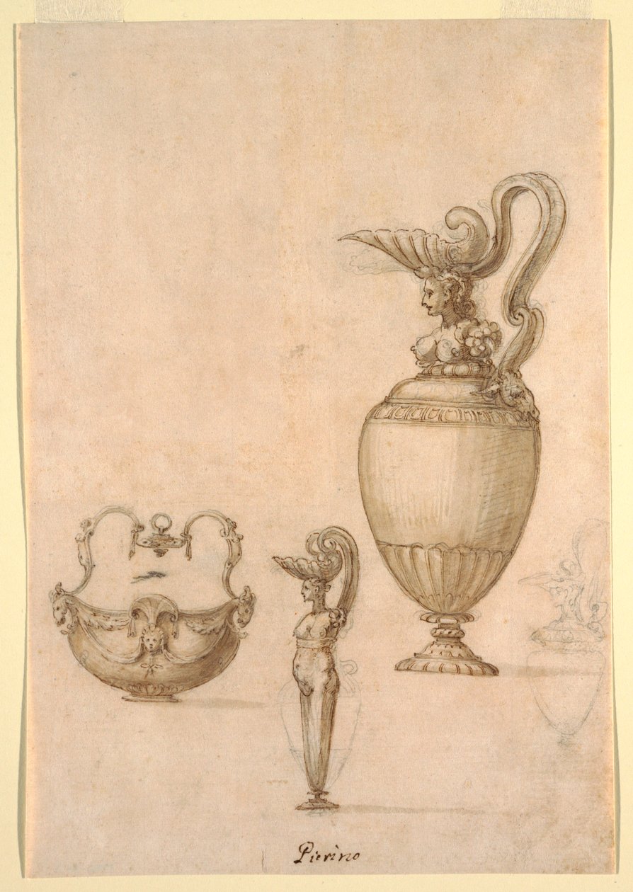 Designs for Two Ewers and a Swing-Handle Bowl by Luzio Romano