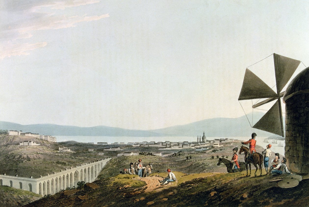 Lisbon and the Alcantara Aqueduct, engraved by I. Clark by M. (after) Bradford