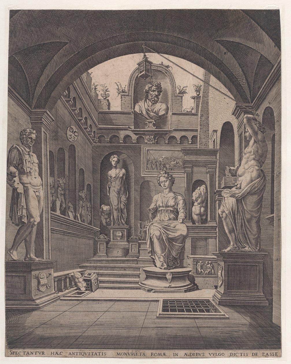 Sculptures at the Villa Sassi in Rome, Engraving by Coornhert, Dirck Volckertsz by Maarten van (after) Heemskerck