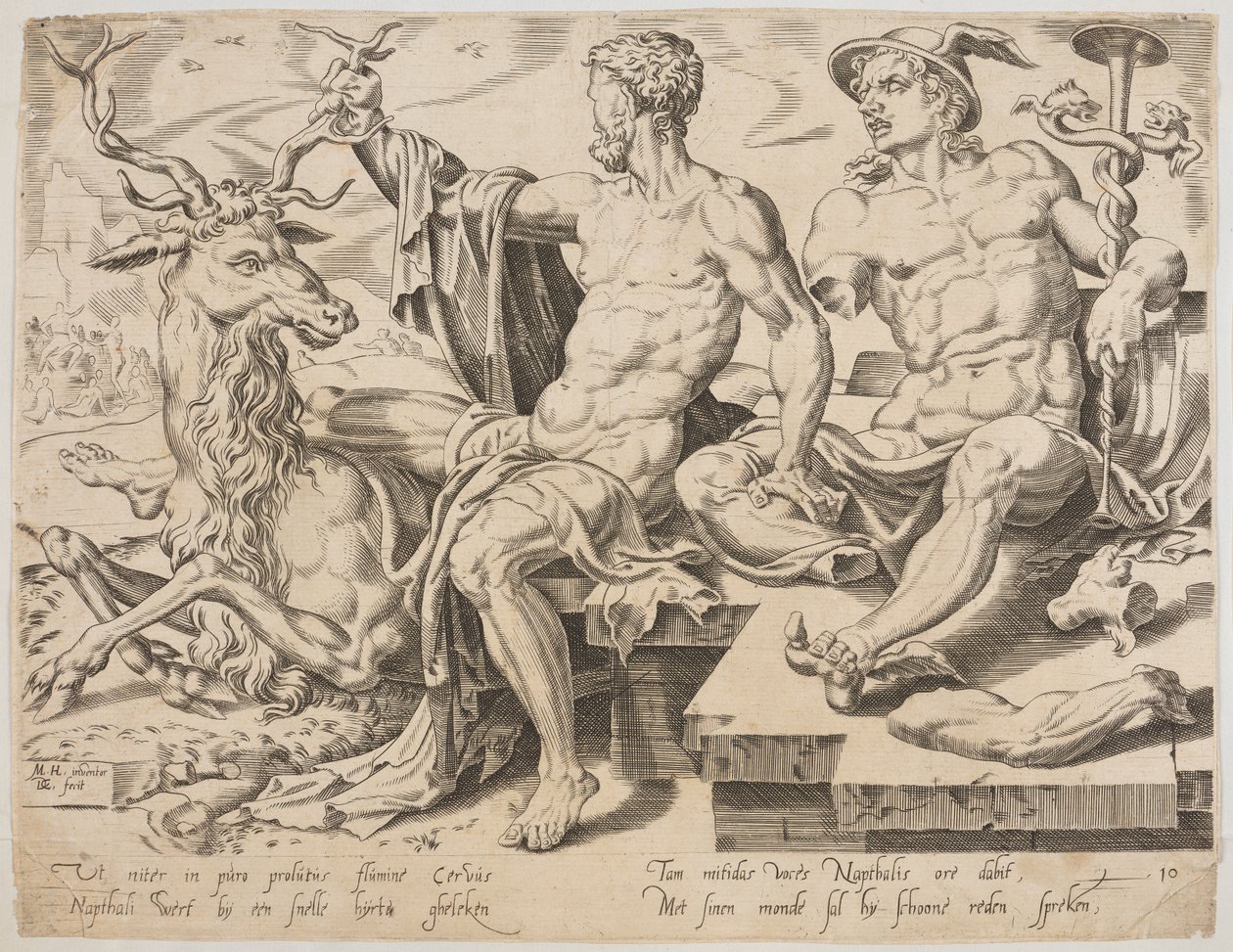 Naphtali with a Stag and a Broken Statue of Mercury, from the Series The Twelve Patriarchs, Engraving by Dirk Volkertsz Coornhert by Maarten van Heemskerck