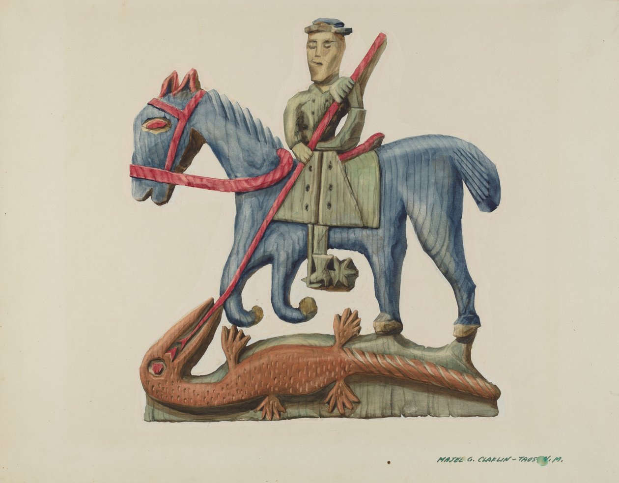 Saint George & the Dragon, Carved Out of Section of Plank - Painted, c. 1938 by Majel G. Claflin