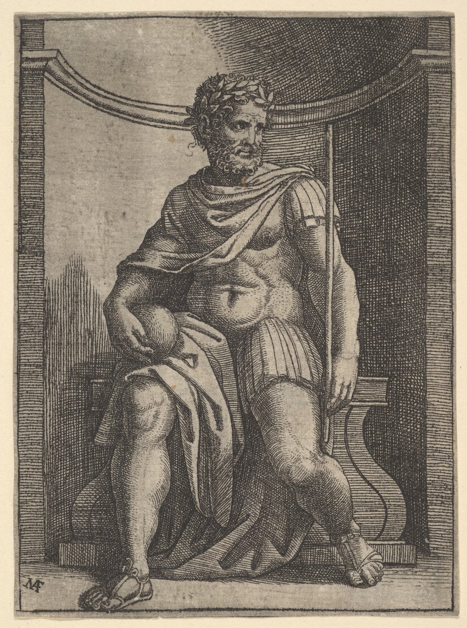 A Roman Emperor Sitting in a Niche Holding a Globe and Sceptre by Marcantonio Raimondi