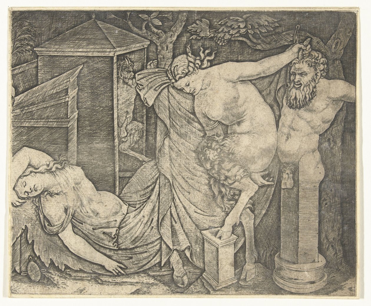 Fragment of Bacchanal with Satyr Woman and Herm and Sleeping Bacchante by Marcantonio Raimondi