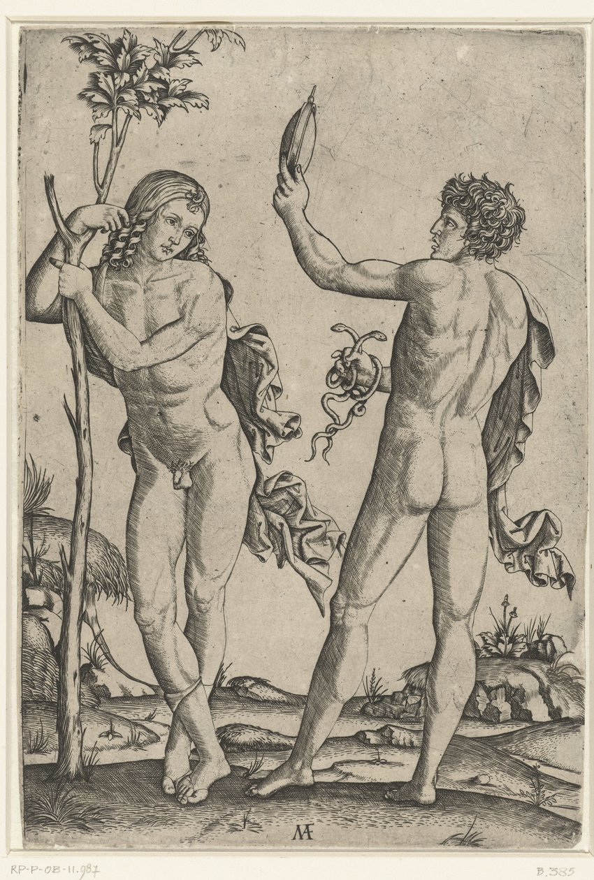 Naked Man Leaning Against Tree and Naked Man with Mirror and Two Snakes by Marcantonio Raimondi