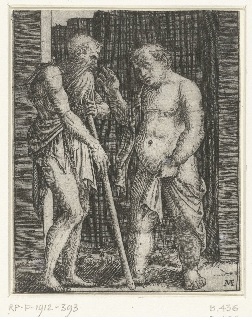 Old Man Leaning on a Stick and Gesturing Young Fat Man by Marcantonio Raimondi
