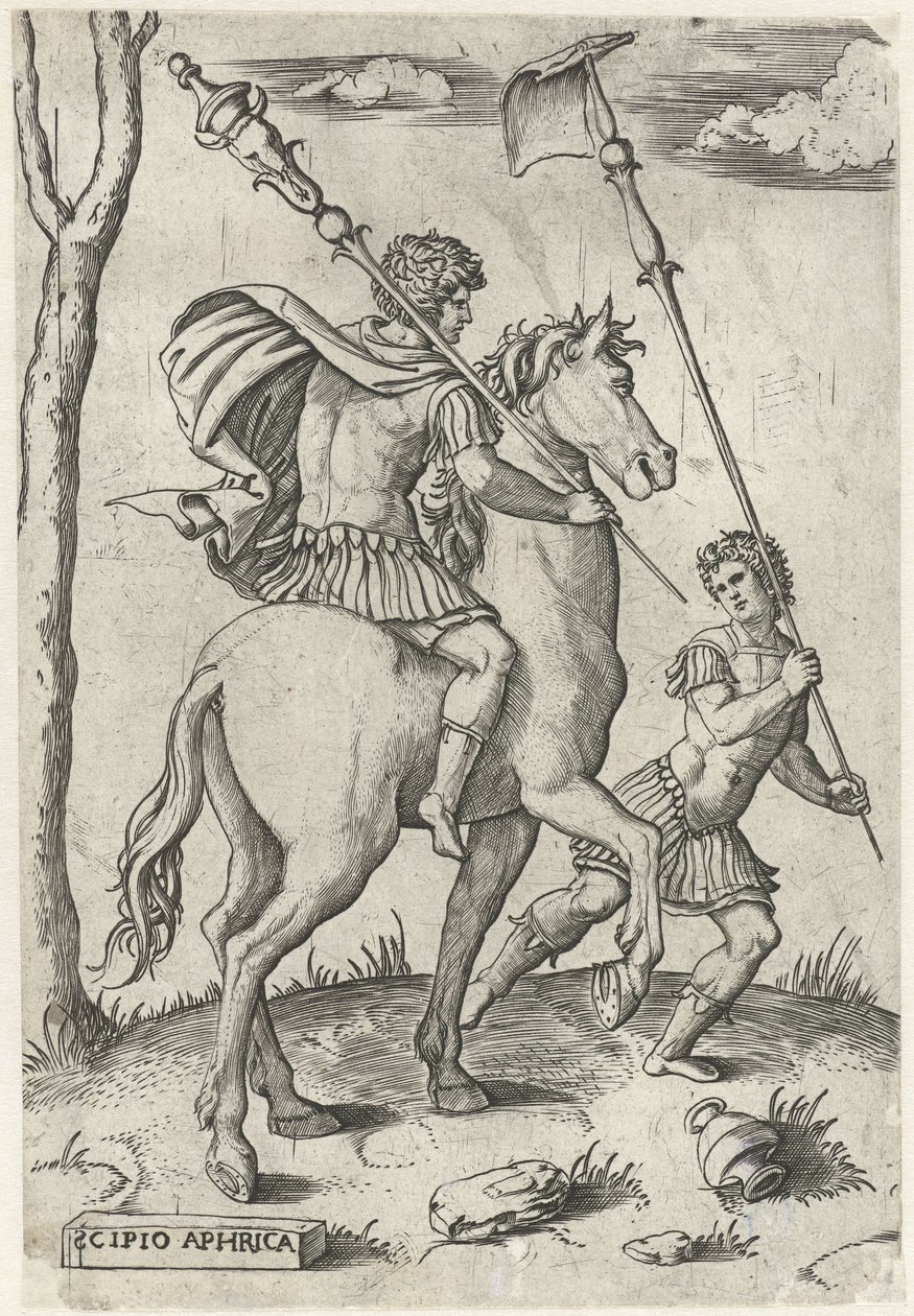 Roman Generals Scipio Africanus Major on Horseback and Scipio Africanus Minor by Marcantonio Raimondi