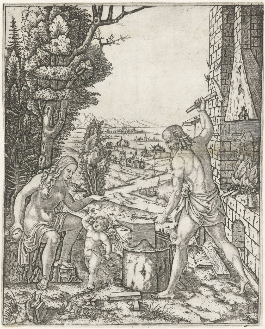 Vulcan forging arrows and wings for Amor in the presence of Venus by Marcantonio Raimondi