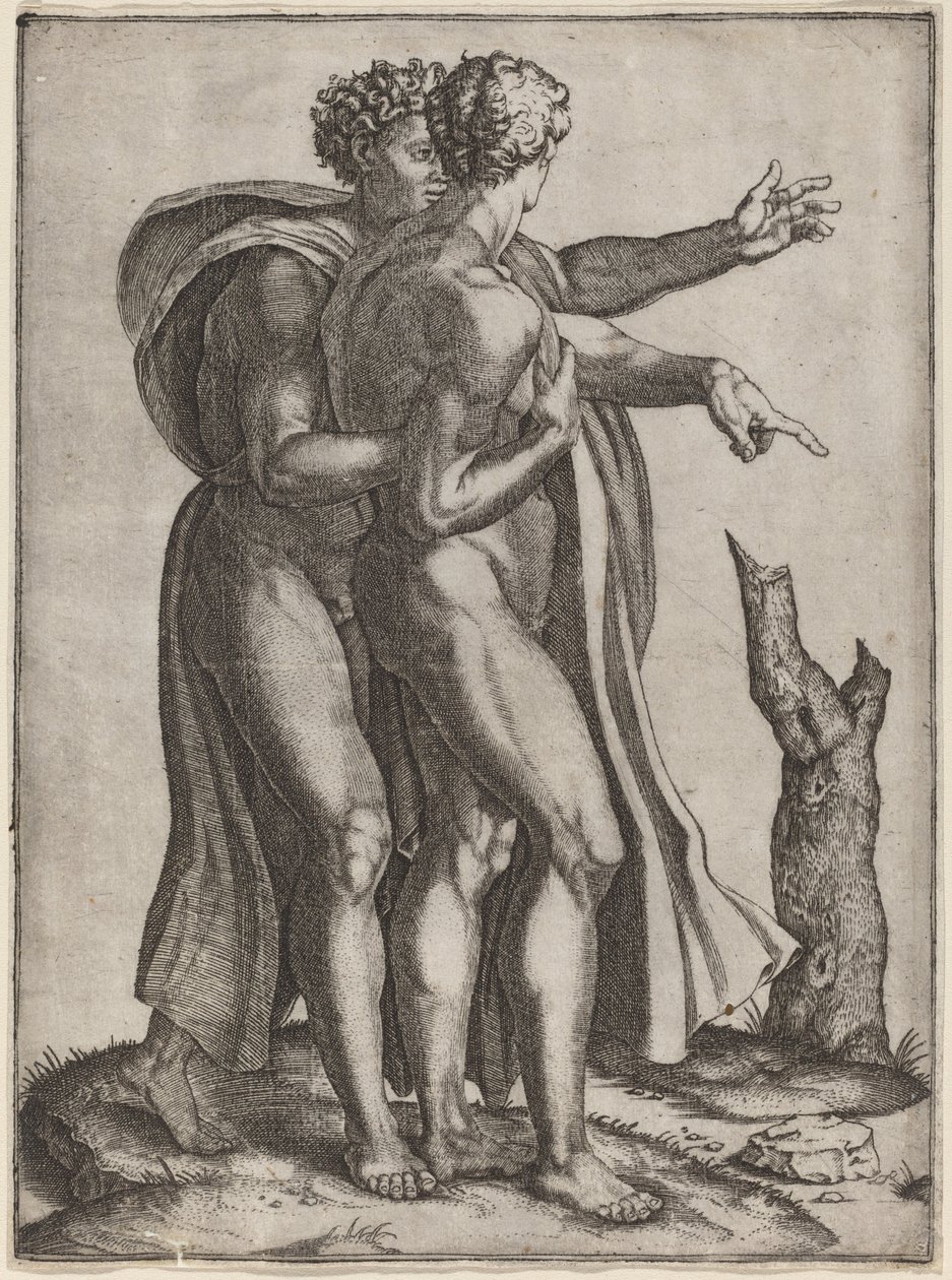 Two Nude Men by Marcantonio Raimondi after Michelangelo