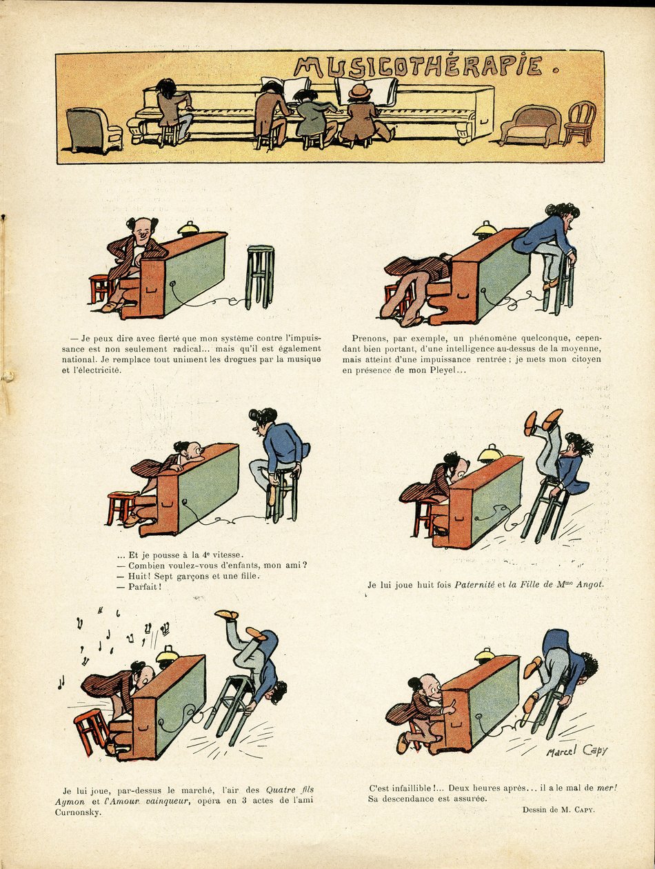 Illustration by Marcel Capy (1865-1941) in Le Rire, 30/03/12 - Musicotherapy - Music, Piano by Marcel Amable O.L. Capy