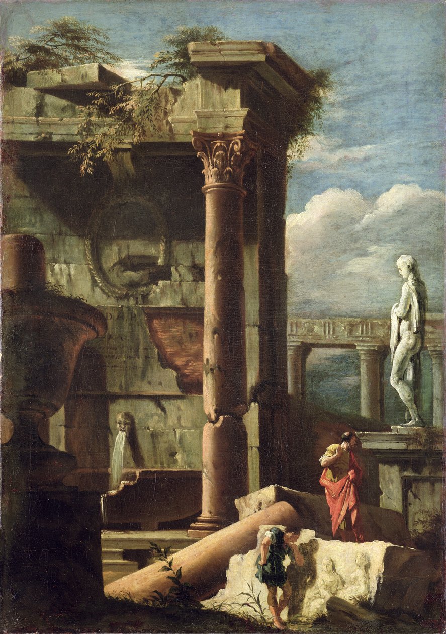 Ancient Building with a Statue and Decorative Figures by Marco Ricci