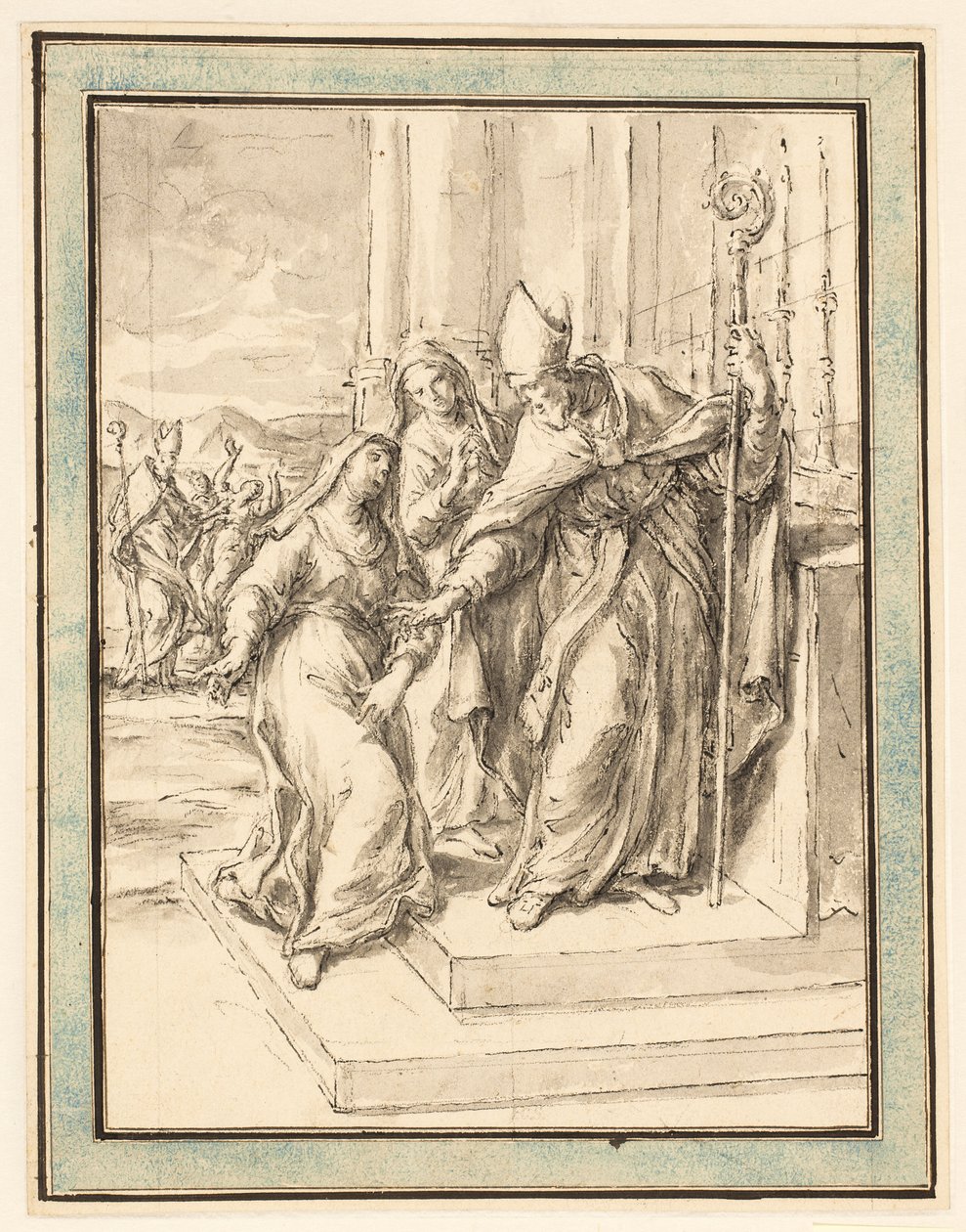 A Bishop and Two Nuns at an Altar, with a Bishop Healing a Possessed Woman in the Background by Marco Benefial