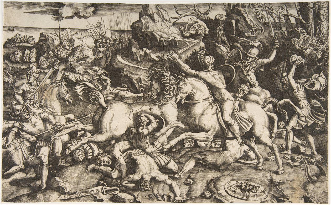 Battle Scene in a Landscape with Soldiers on Horseback and Several Fallen Men by Marco Dente