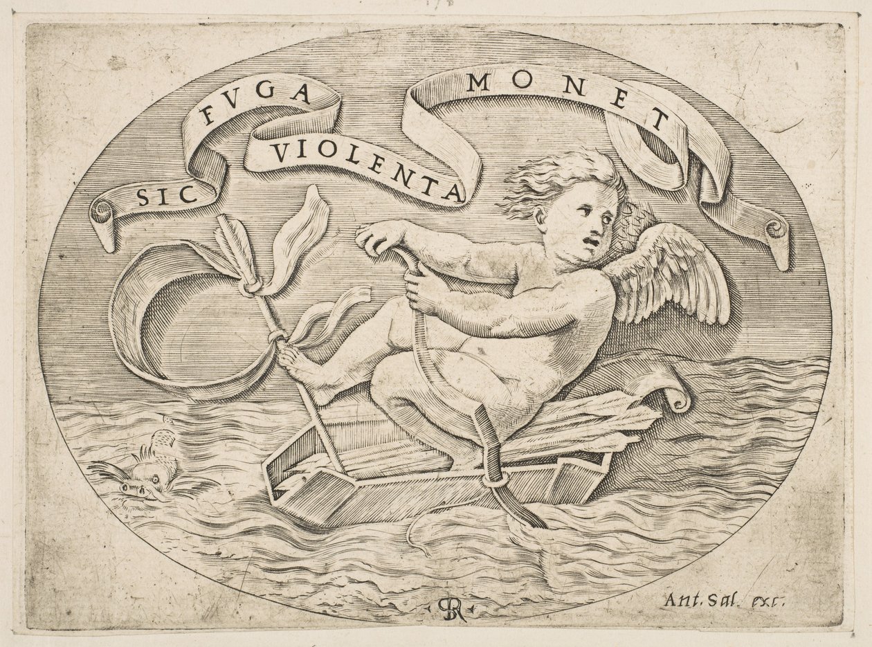 Eros Escaping by Sea, Cupid Using His Bow to Propel a Boat Made from His Quiver by Marco Dente